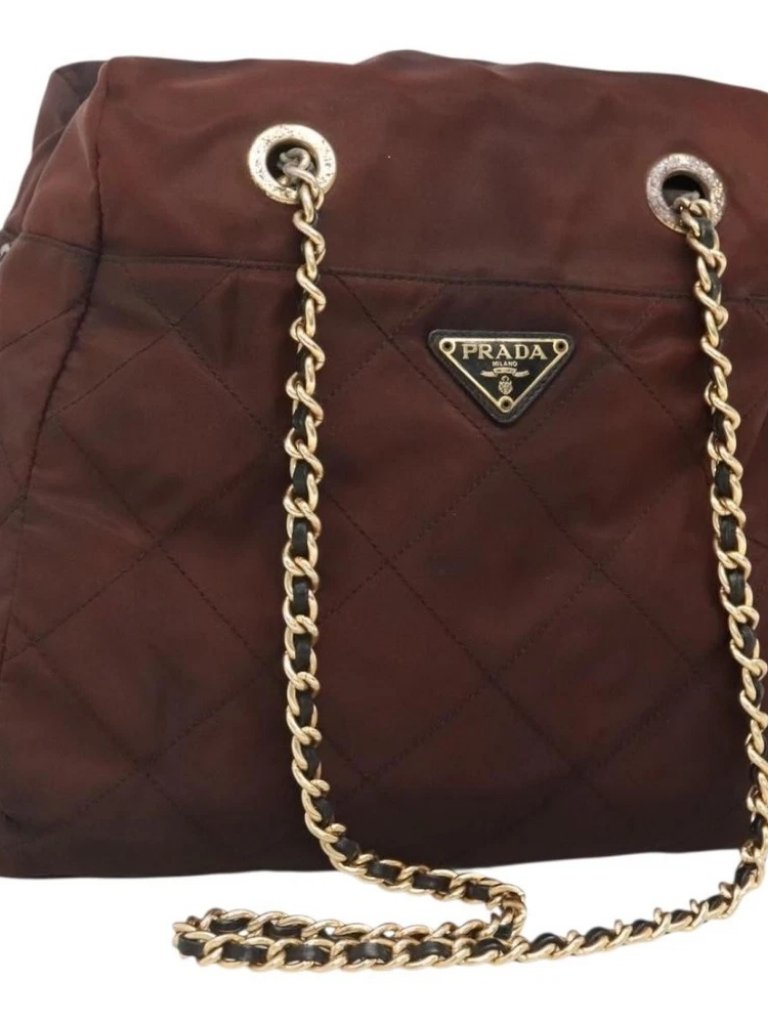 Prada Chain Shoulder Bag Nylon Brown Gold Auth